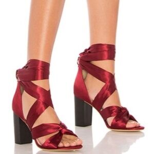 RAYE x For Love & Lemons Revolve Myra Red Satin Ankle Wrap Block Heels Size 8